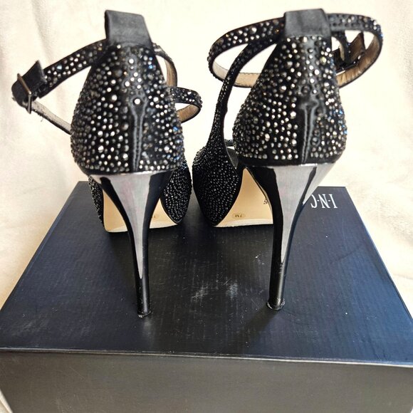 INC Black Rhinestone Embellished Platform Heels With Ankle Strap & Stiletto  Siz - Picture 2 of 12